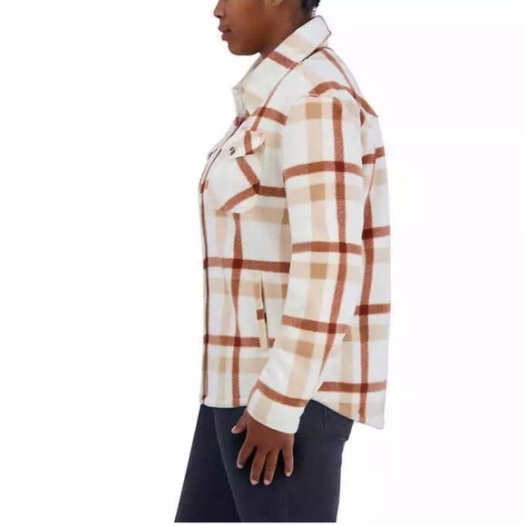 SAGE Women's XXL Plush Shirt Jacket Copper Rust Plaid Button Up Sherpa Lined NWT - Picture 3 of 9